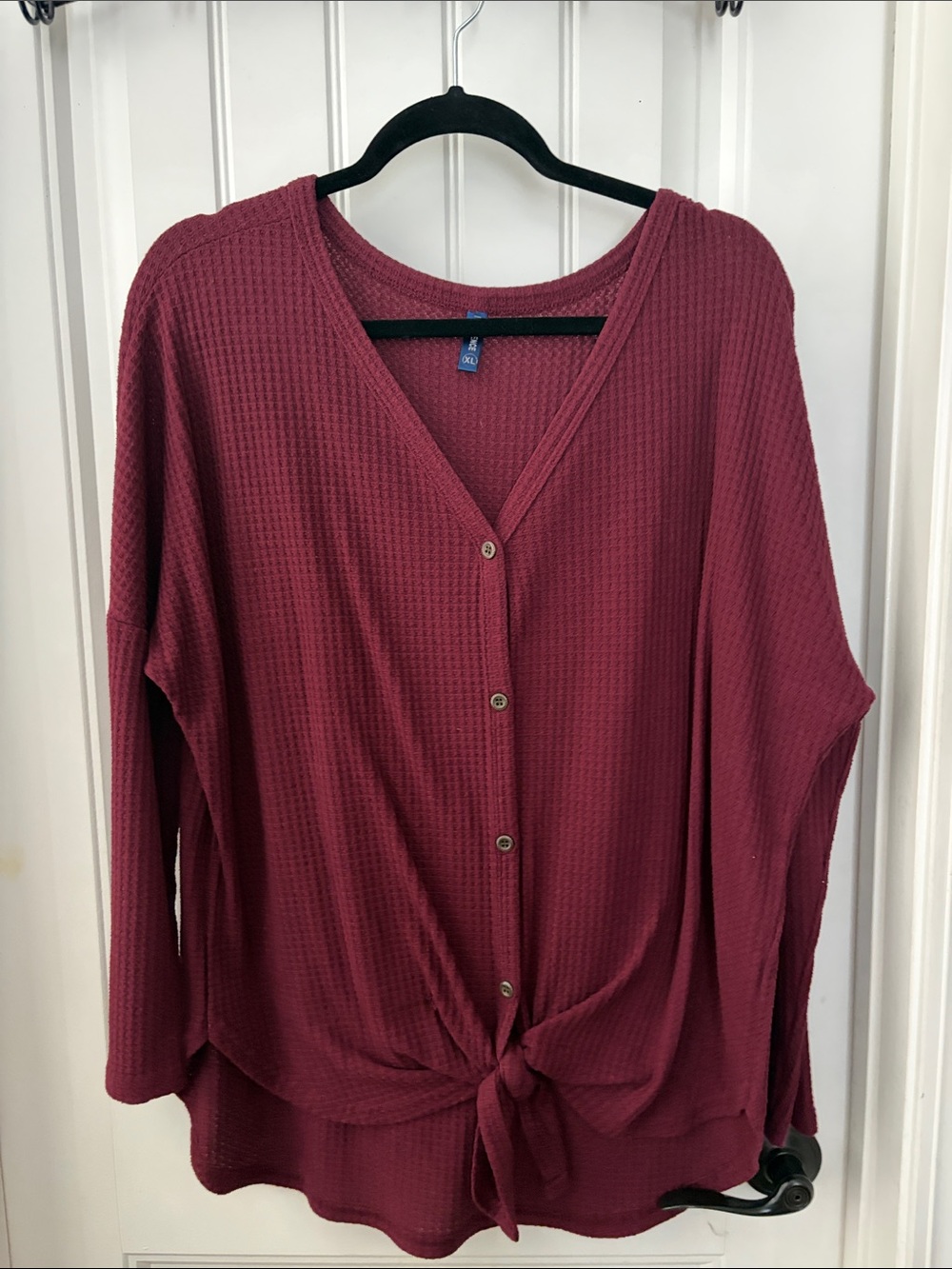 INC International Concepts Burgundy Waffle-Knit Button-Front Tie Top